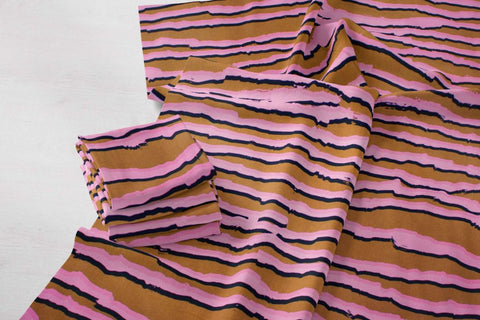 Tali Tali Sandhills Fabric 194cm- Pink and Black on Tobacco (Tencel Linen) from Ikuntji Artists