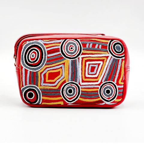 Leather Emb Toiletry Bag featuring Body Paint Design by Mary Napangardi Brown