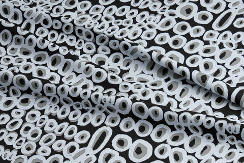 Tjilkamala Rockholes Fabric 1.5m – Grey and White on Black (Tuscany Linen)