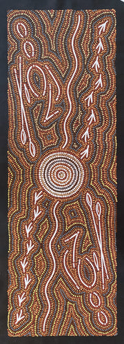 2 Old Men with Spears and Boomerangs Teaching young men to Hunt Emu Bevan Tjampitjinpa #66