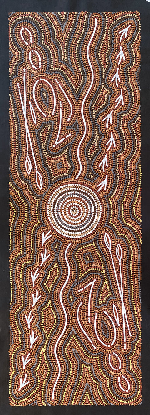 2 Old Men with Spears and Boomerangs Teaching young men to Hunt Emu Bevan Tjampitjinpa #66