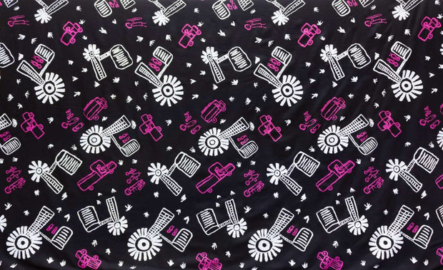 Bush Trip Fabric 2.12m– White and Hot Pink on Black Tencel (Linen)