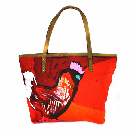 Better World Arts Leather Trimmed Tote Bag Rooster Featuring Art By Karen Napaljarri Barnes
