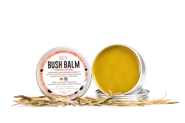 Bush Balm made with arrethe for protecting and soothing dry skin, eczema, cuts, sores, burns and bruising. Also a good general moisturiser.