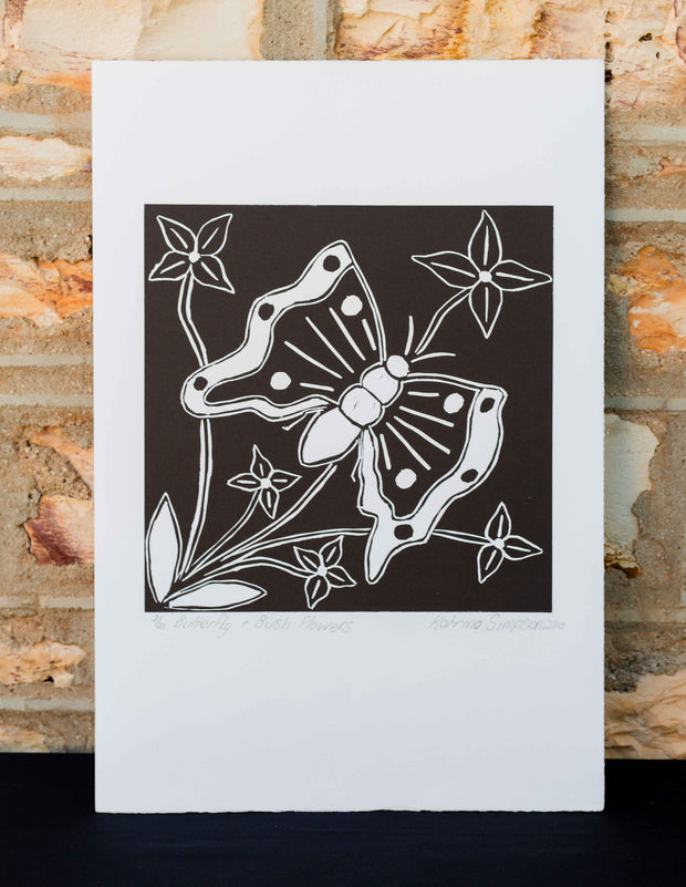 Butterfly And Bush Flowers Print By Katrina Simpson